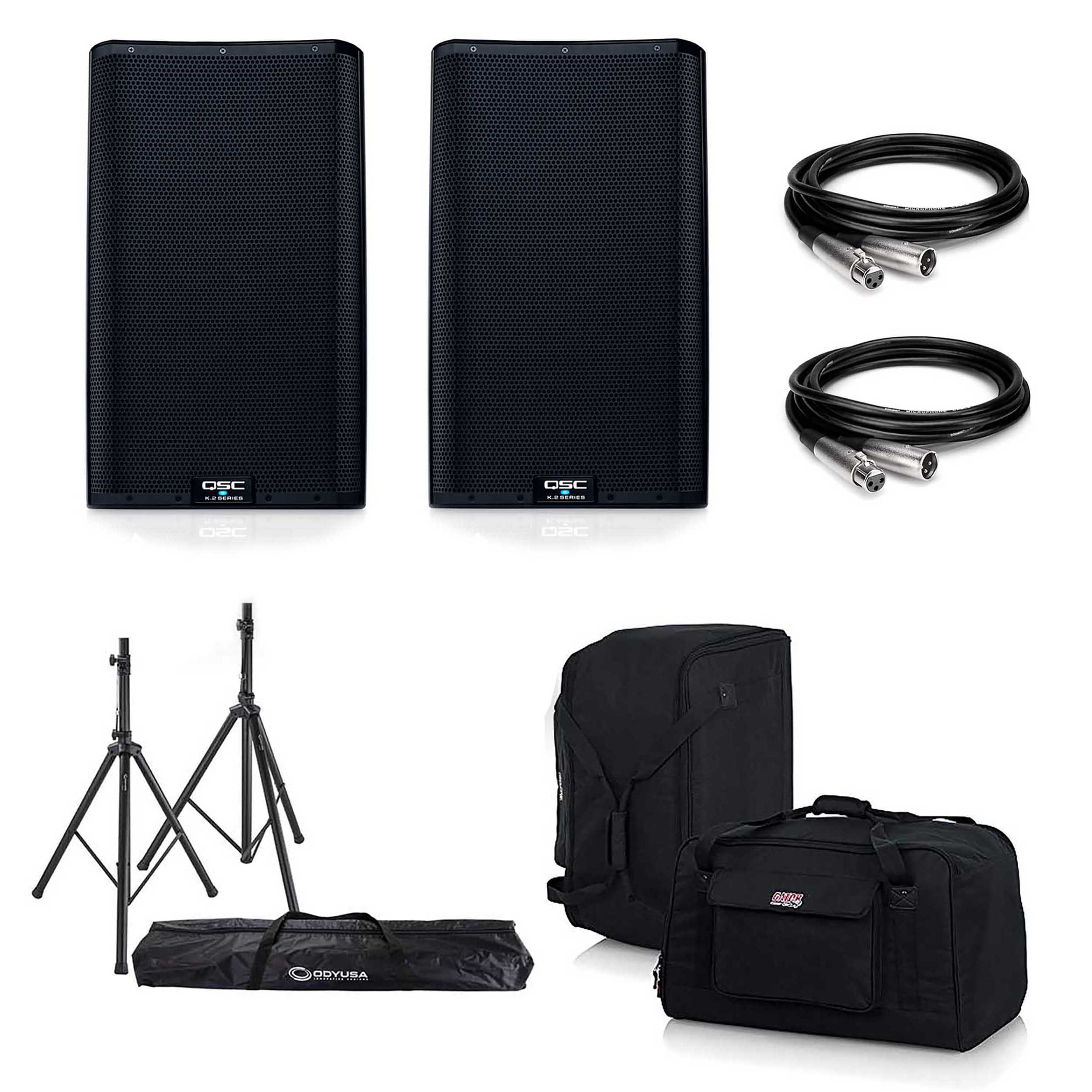 2x QSC K12.2 Speaker Package with Cables, Stands and Tote Bags